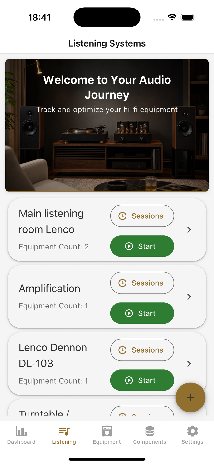 Listening Systems screen with the refreshed hi-fi room hero and separate system cards