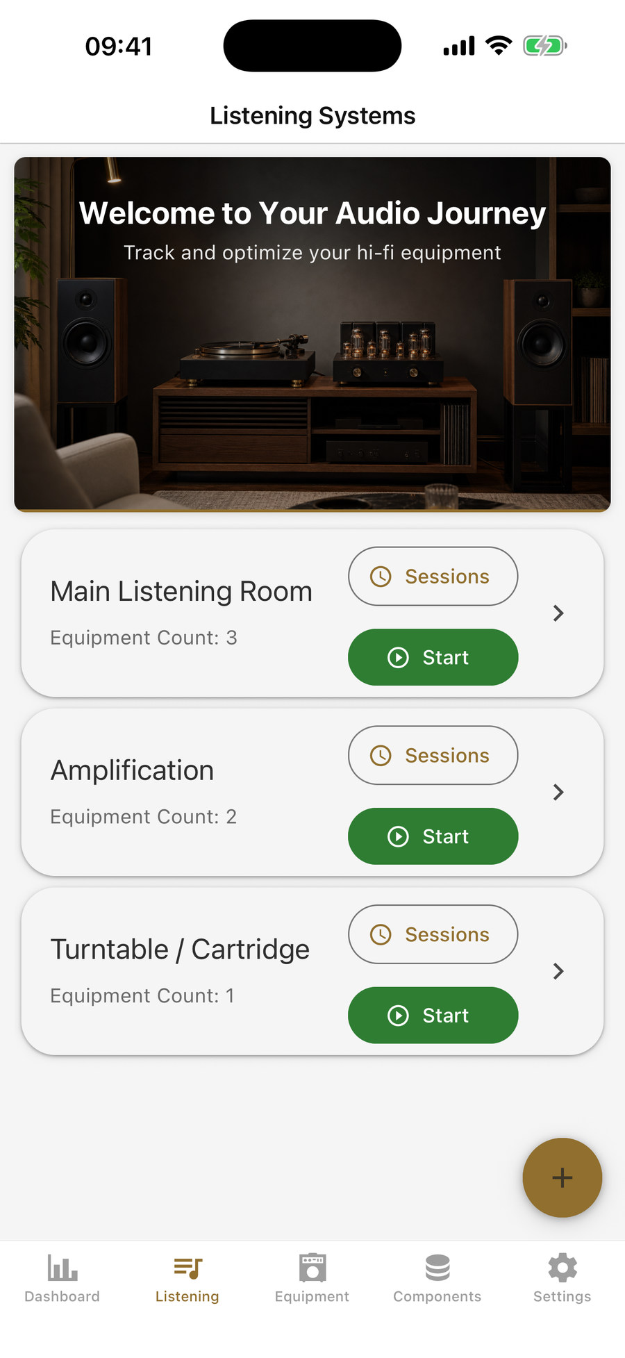 Listening Systems screen with a hi-fi room hero and three separate system cards