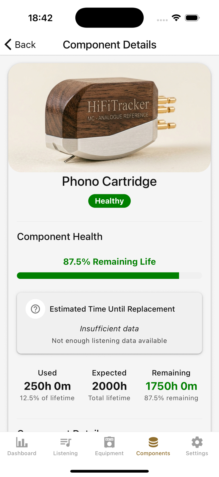 Phono Cartridge component detail showing health and remaining rated hours