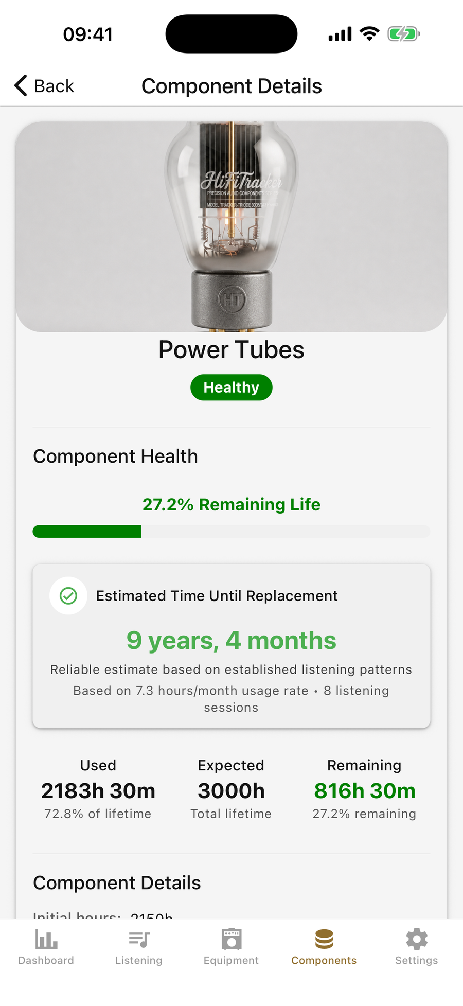 Power Tubes component detail showing recorded hours, rated life, and a calendar estimate