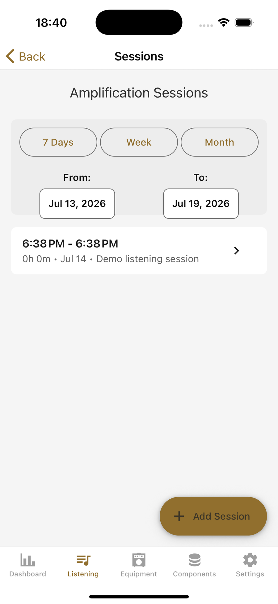 Amplification listening session history with date filters and a demo session note