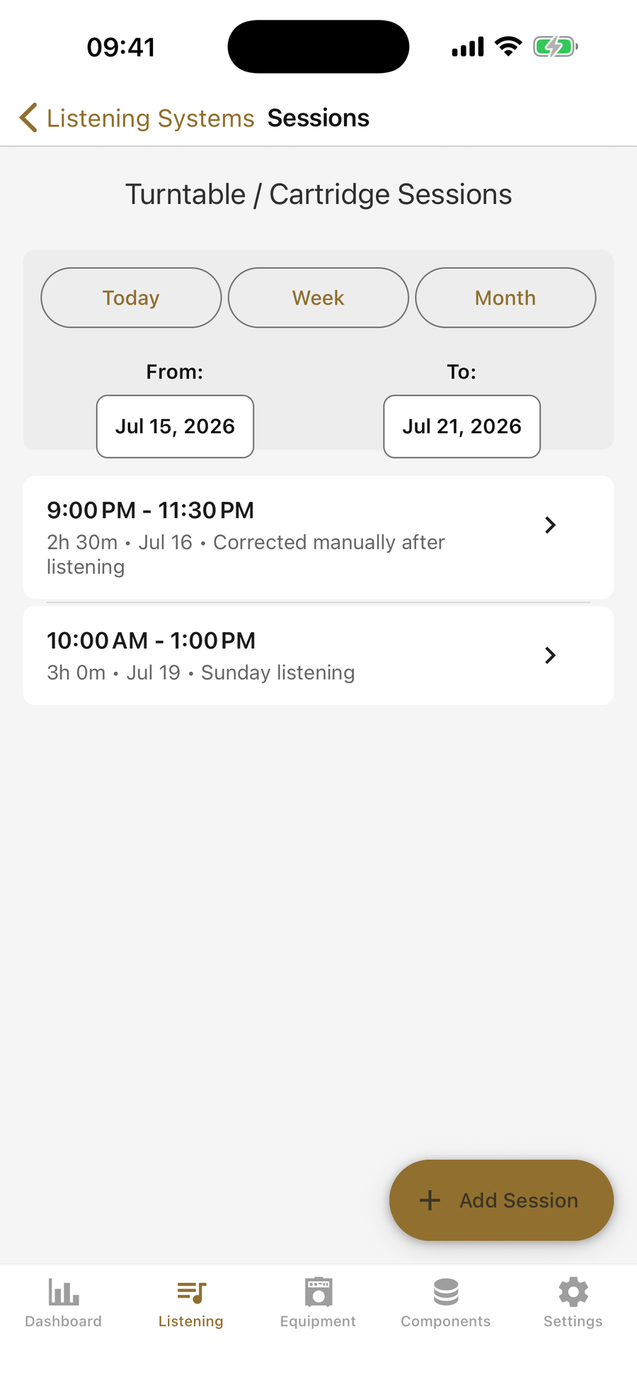 Turntable and cartridge listening-session history on iPhone with Today, Week, and Month filters and two editable entries