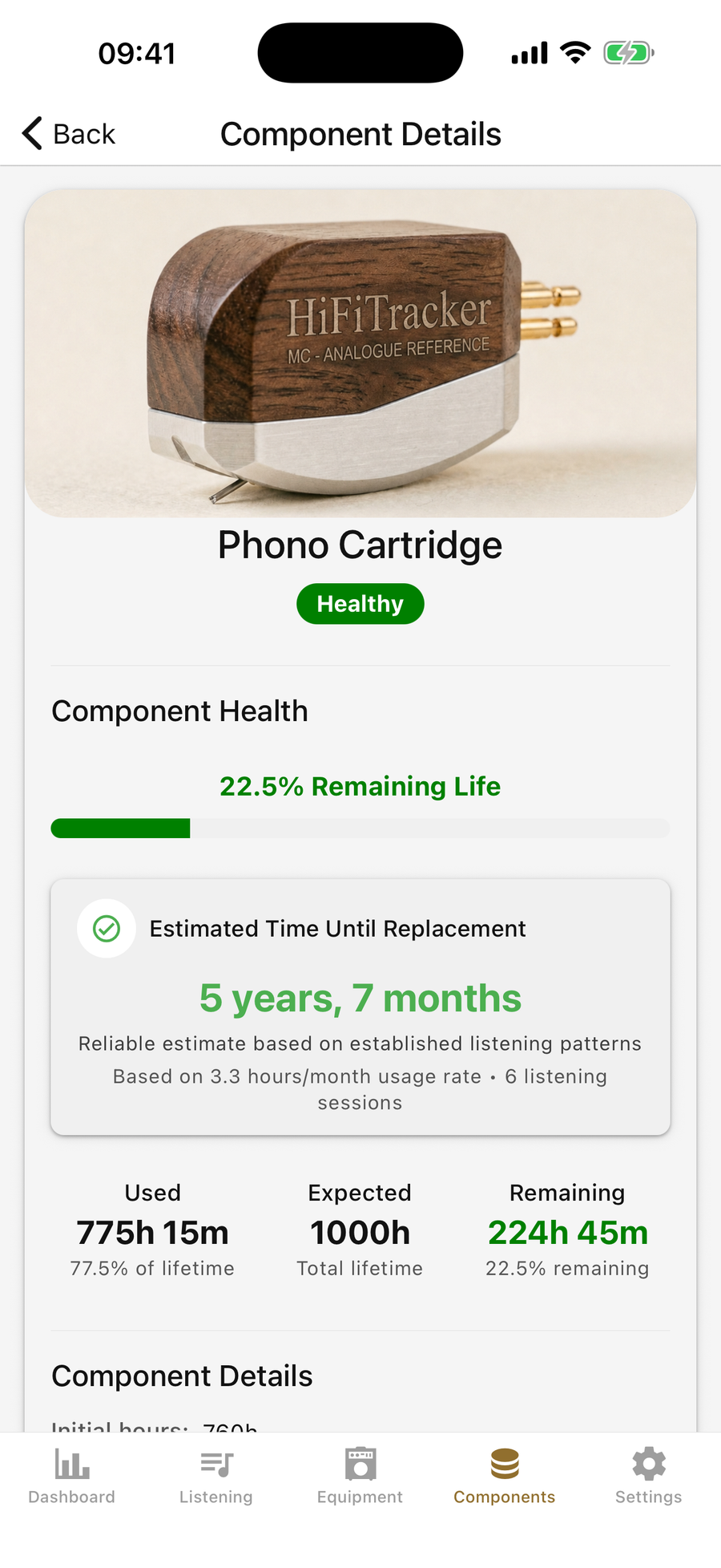Phono Cartridge component detail showing remaining rated hours and a calendar replacement estimate