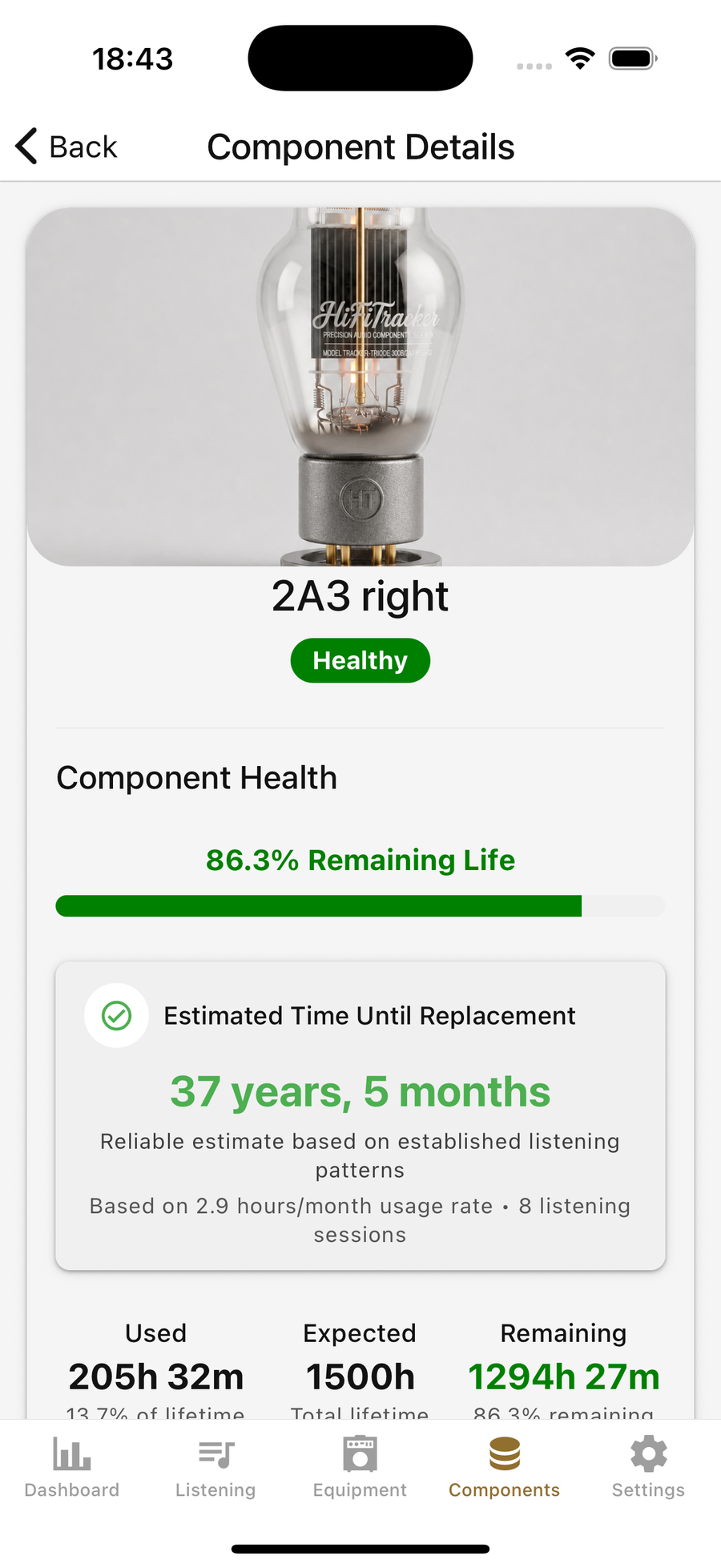 Tube component detail showing remaining life and a calendar replacement estimate