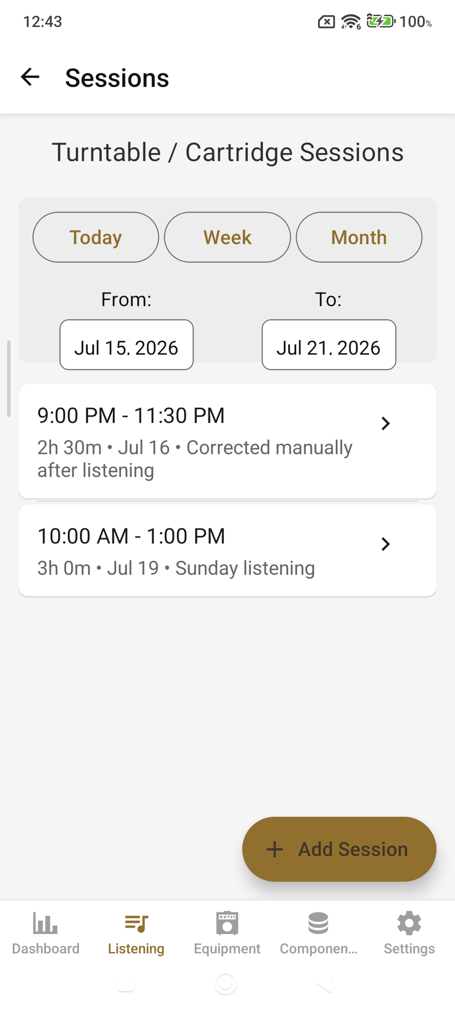 Turntable and cartridge listening-session history on Android with Today, Week, and Month filters