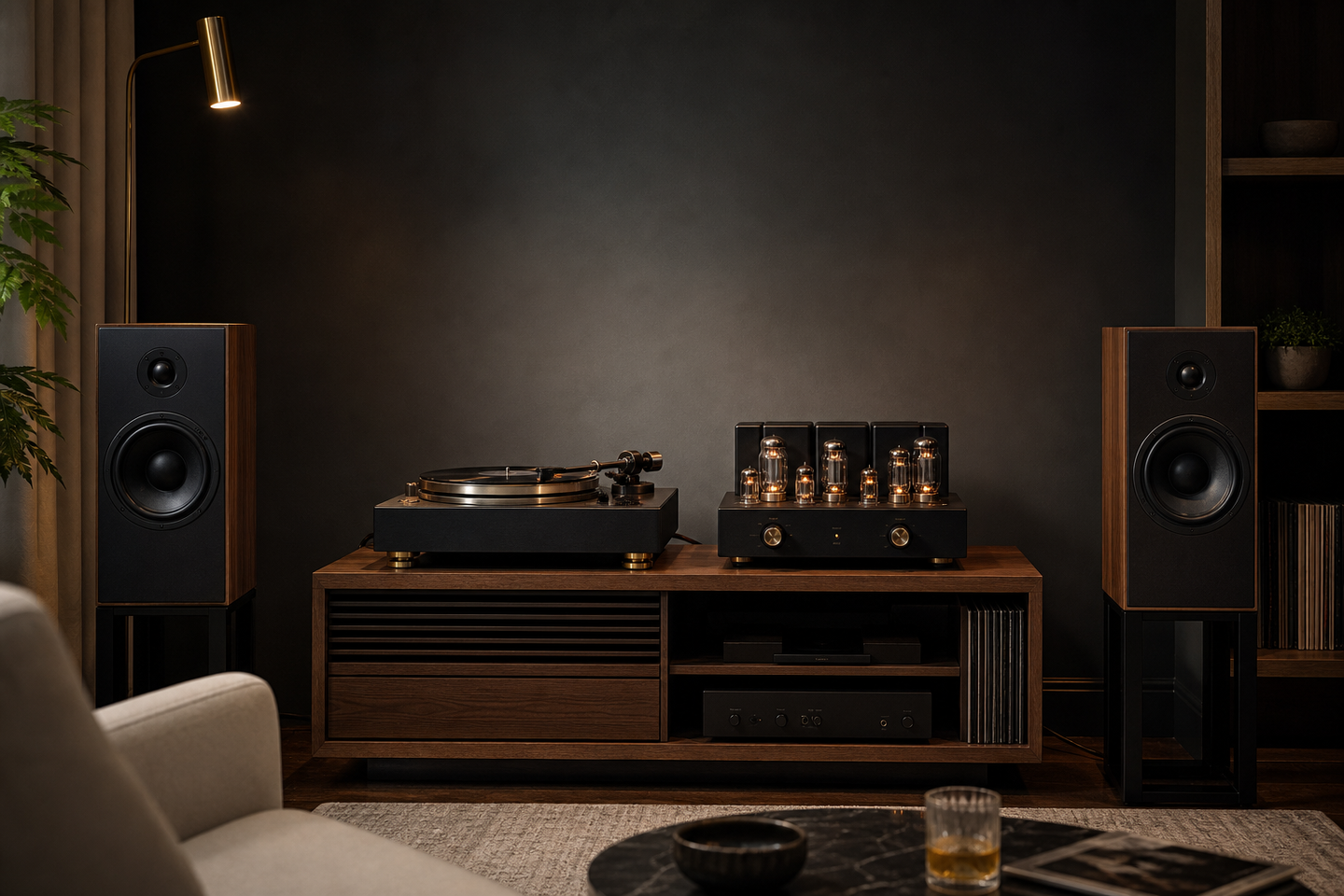 Premium listening room with a turntable, tube amplifier, and loudspeakers